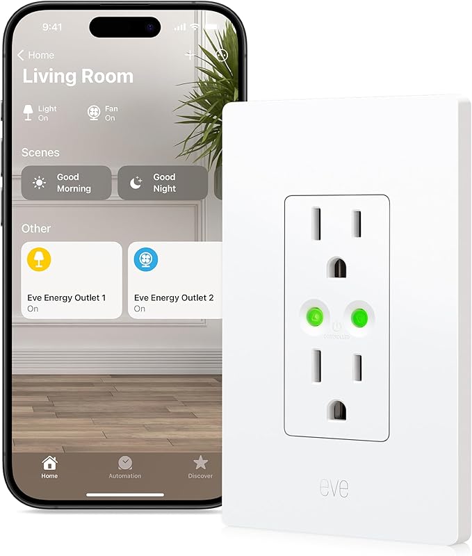 Eve Energy Outlet (Matter) – Smart Outlet & Power Meter, Tamper-Resistant, App & Voice Control, Works with Apple Home, Alexa, Google Home, SmartThings, Requires Thread Border Router