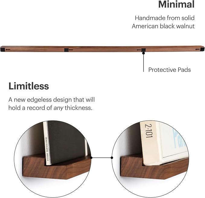 Vinyl Record Shelf - A 3-Feet Long Display Shelf Made of Solid Walnut - A Wall Mount for Your Favorite Records -This Vinyl Record Holder Fits All Records (Walnut)
