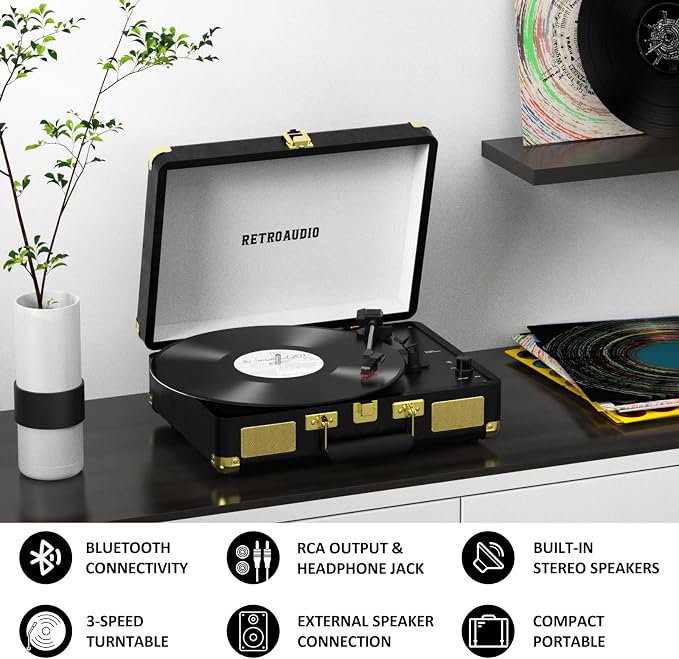 Vinyl Record Player 3-Speed Bluetooth Portable Suitcase Belt-Driven Record Player with 2 Built-in Stereo Speakers Vinyl Vintage Turntable Phonograph Records Player with RCA Line Out, AUX Out