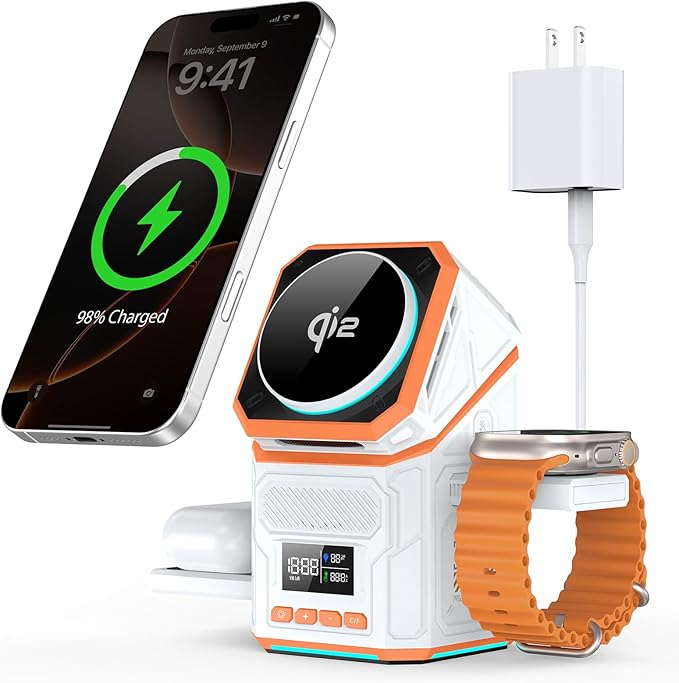 3 in 1 Charging Station for Apple, Qi2 Certified Touch Rotating Design Wireless Charging Station, Magnetic Fast Wireless Charger Station for iPhone 17 16 15 14 13 12 Series, Apple Watch, AirPods