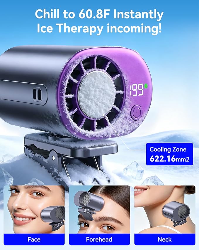 Clip-On Portable Fan with Ice Cooling, 20000 RPM Rechargeable Handheld Turbo Fan, 360° Rotating Detachable Clip, Mini Stroller Fan for Baby, Compact Travel Essentials, Summer Gifts for Women,Grey