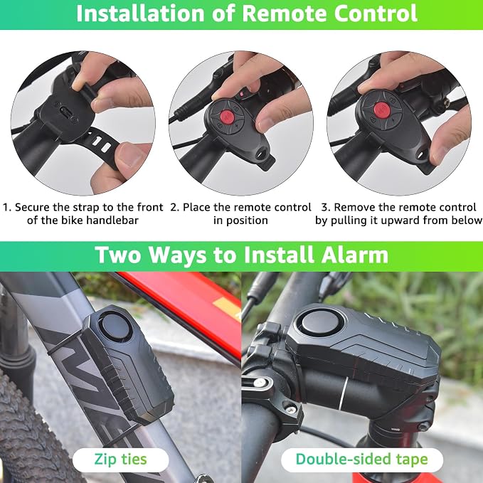 USUPERINK Bike Alarm, 113dB Bicycle Alarms for Ebikes, Volume&Sensitivity Adjustable Motorcycle Alarm with 2 Remotes, Waterproof Anti Theft Wireless Vibration Sensor for Car Motorcycle Scooter Ebike