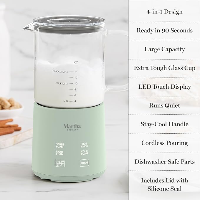 Martha Stewart Milk Frother and Steamer, 10oz/300ml Glass Cup, 4 Presets (Cold Foam, Light, Dense & Hot Chocolate), Ready in 90 Seconds, Cordless Pouring, One-Touch for Hot and Cold Milk, Honeydew