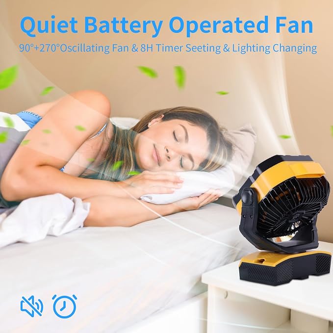 WESTTREE Camping Fan 20000mAh Rechargeable Battery Operated fan Outdoor Tent Fan with Light & Hook 270° Pivot, knob Speeds, Personal fan USB Desk Fan for Camping Power Outage Yellow X68