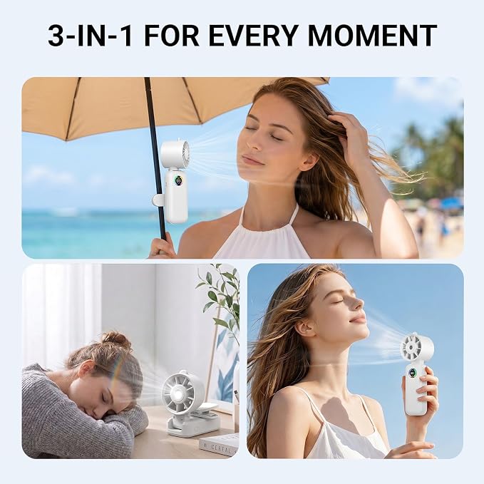 Clip-On Portable Fan with Misting, 4000mAh Up to 12H Battery Life Hand Mini Foldable Fan, 360° Rotating USB Rechargeable Turbo Quiet Stroller Fans for Travel Outdoors and Office Use (White)