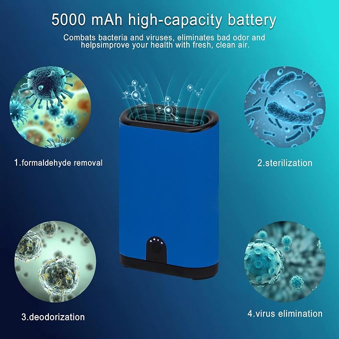 Portable Ozone Generator Air Purifier – 5000mAh Rechargeable Battery Operated Odor Eliminator for Home Car Hotel Rooms Bathroom Kitchen Pets Shoes Smoke & Dust