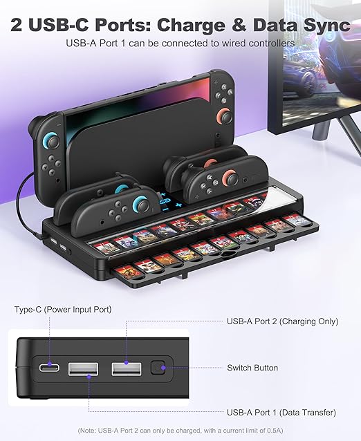 Switch 2 Game Organizer & Charging Station – Charges 4 Joy Cons & Stores 20 Game Cards | Joy-Cons Controller Charging Dock with Sync USB | Compatible Only with Nintendo Switch 2 (2025)