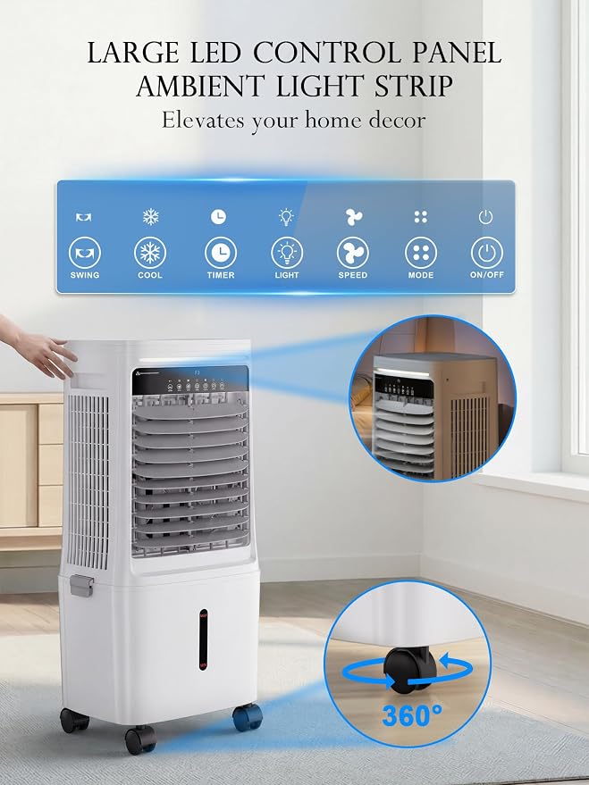 Uthfy 3000CFM Swamp Cooler Air Conditioner, Evaporative Cooler with Dual Water Tanks for 30H Cooling, 120° Oscillating, Ambient Light, 7.0 GAL Detachable Water Tank, 12H Timer, Portable AC for Bedroom