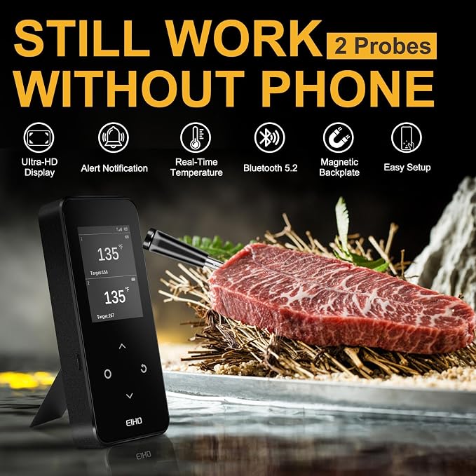 Electric Salt and Pepper Grinder Set USB Rechargeable,Wireless Bluetooth Meat Thermometer with 2 Ultra-Thin Probes,Smart Digital Food Thermometer for Grill Smoker Roast Oven, Cooking Gifts