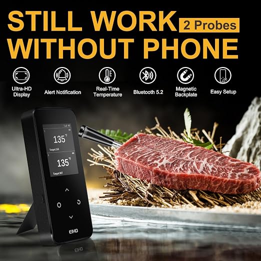 EIHO Wireless Bluetooth Meat Thermometer with 2 Ultra-Thin Probes, Smart Digital Food Thermometer 600FT Remote Range, Standalone Smart Base for Grill Smoker Roast Oven, Cooking Gifts