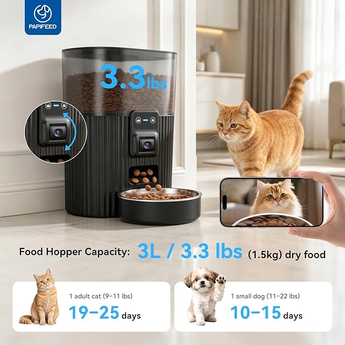 PAPIFEED Automatic Cat Feeder and Water Fountain Stainless Steel, WiFi Timed Auto Cat Feeder with Camera & App, Cat Food & Water Dispenser, Quiet Pet Drinking Fountain with LED, Smart Dog Feeder Set