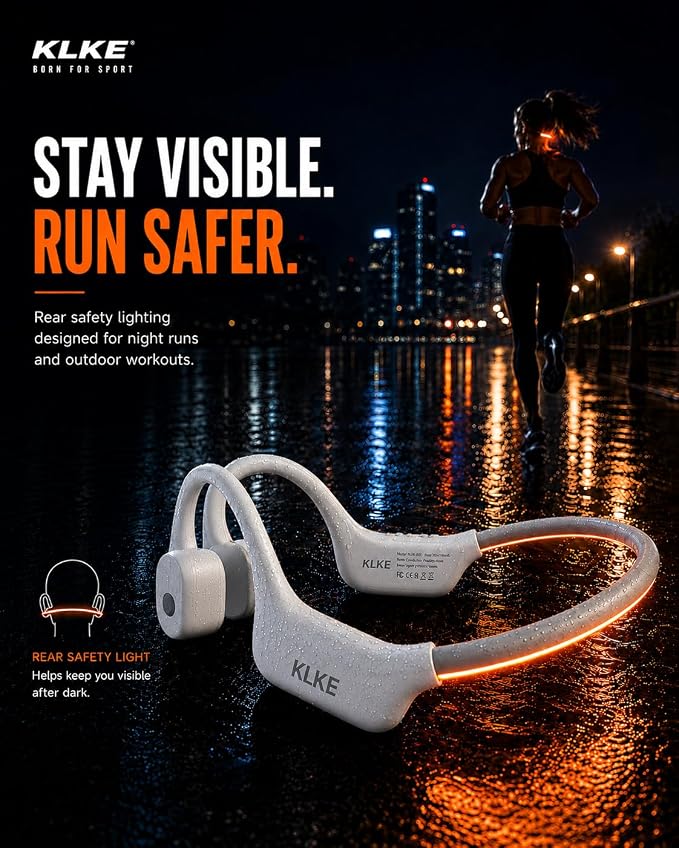 Open-Ear Bone Conduction Headphones for Running, Bluetooth Sports Headphones with Rear Safety Light, Dual Modes, Adjustable Fit, IP66 Waterproof, Mic, 10H Playtime for Gym Cycling