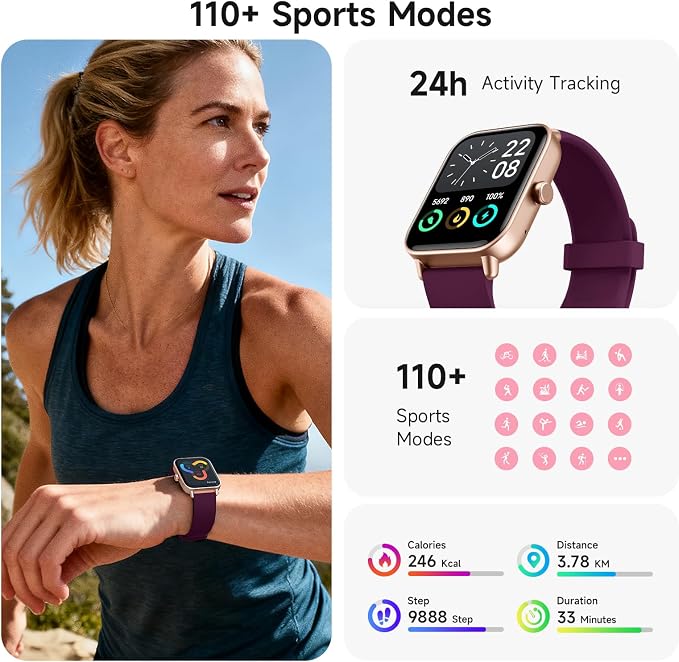 Smart Watch for Women Men,1.85 inch AMOLED Touchscreen for Android & iPhone,Fitness Watch 110+ Sport Modes Heart Rate/Sp02/Sleep/Calories Monitor IP68 Waterproof,Bluetooth Calls (Purple, 1.7)