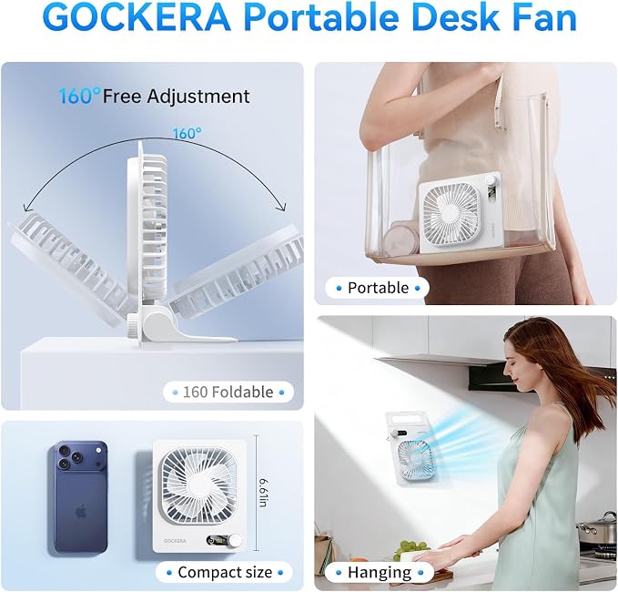 GOCKERA Desk Fan, 6.61''Ultra-thin Battery Powered Fan with Powerful Wind,100 Speeds Adjustable&Digital Display,Timer,Ultra-quiet Small Portable Fan for Bedroom,Office,Travel (White, 2000mAh)