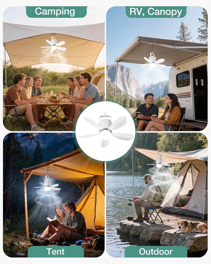 Ceiling Fan Light, Portable Battery Gazebo Fan with Remote Control & Fast Charging Cable, Rechargeable Wireless Camping Fan Outside, for Outoor Tent Porch Canopy Pergola RV Travel