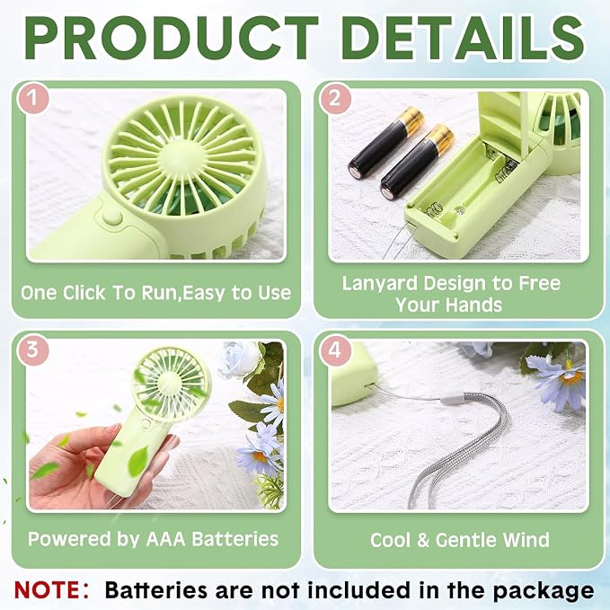 Rossesay 12 Pcs Mini Portable Fan Handheld Battery Operated Portable Small Personal Fans for Summer Beach Indoor Outdoor Travel Cooling Gift (Green,Pink,White)