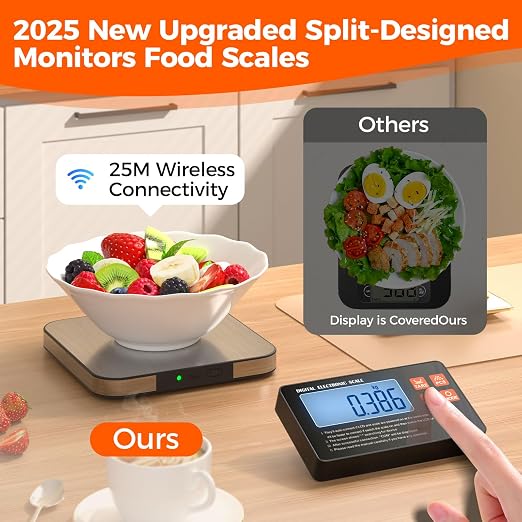 Food Scale with Split Wireless LCD Display, 33lb Digital Kitchen Scale with 7 Units Tare Function, 0.1oz High Accurate Smart Cooking Scale for Baking/Cooking/Meal Prep/Milk/Dieting (White)