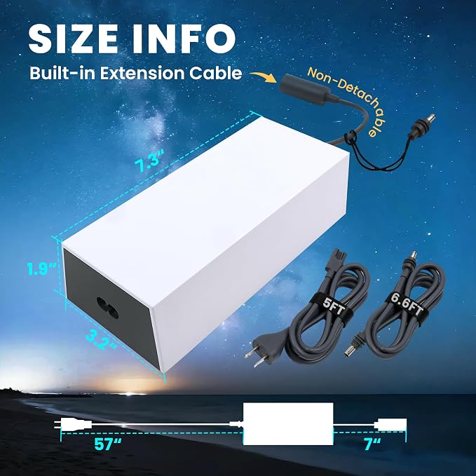 Starlink Gen 3 Power Supply Adapter - 100-240V Input, 57V/3.42A Output AC-DC Converter (195W Charger) for Standard Kit with 6.6FT DC Cable & Waterproof Port -Supports Extension Cable Up to 200ft