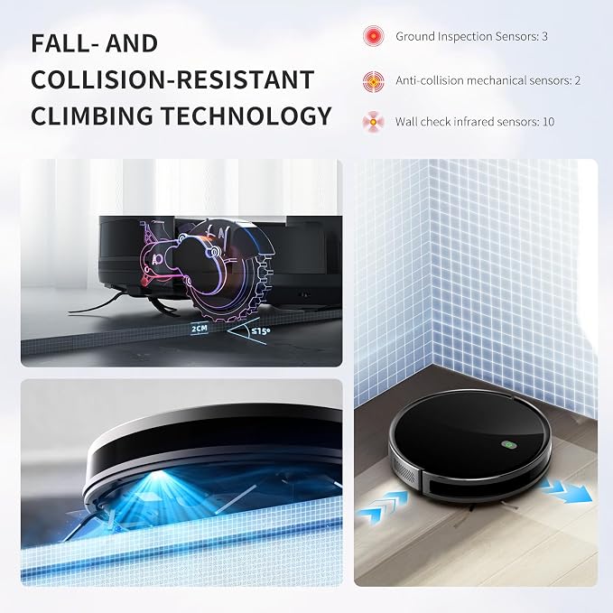 JEBRO 2 in 1 Robot Vacuum and Mop Combo, 3500 Pa Suction, 120 Min Runtime, 2.9" Slim, App/Voice/Remote Control, Self-Charging for Pet Hair, Hard Floor, Carpet