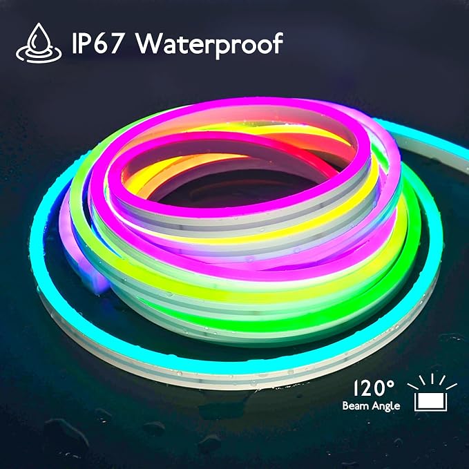 32.8FT 10M Addressable Neon Rope Light, WS2811 RGB LED Chasing Digital Strip Lights MagicRGB Waterproof Silicone Rope Music Sync DIY Design APP Control Dream Color for Gaming Room Wall Decor