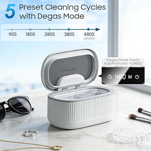 Ultrasonic Jewelry Cleaner, 45kHz Retainer Cleaner Machine for Silver, Glasses, Denture with 2x100ml Cleaning Solution, 3 Power 5 Timer, 304 Stainless Steel Tank, Sonic Cleaner for Home, Jewelry Store | sonic jewelry cleaner degas mode complete accesso...