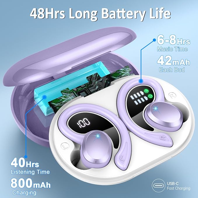Wireless Earbuds Sport, 2025 Bluetooth 5.3 Headphones Bass Hi-Fi Stereo Over Ear Buds, 48Hrs Noise Cancelling Headset with Earhook, IP7 Waterproof Earphones Workout Running for Laptop Pad Android iOS