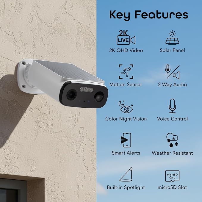 Geeni Falcon Smart Solar Battery Camera 5MP 2K+ – Outdoor Camera Wireless, Weather Resistant with Solar-Powered Battery, Motion Alerts, Color Night Vision, Two-Way Audio — 1-Pack, White