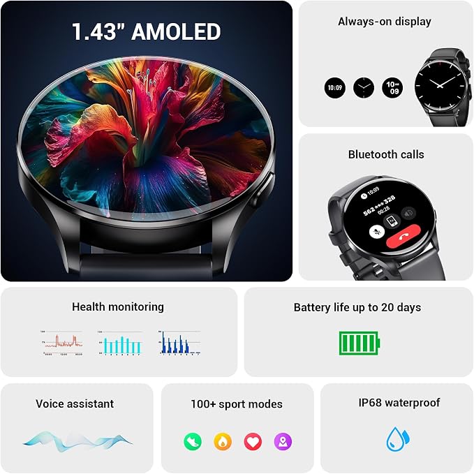 IOWODO Smart Watch for Women Men, 1.43" AMOLED Ultra-Clear Screen Fitness Tracker with HeartRate/Sleep Monitor, 21Languages, Answer/Make Calls,Waterproof Smartwatch for Android and iPhone (2 Straps)