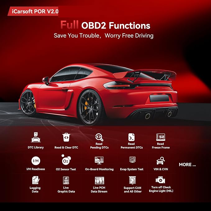 OBD2 Scanner Diagnostic Tool for Porsche/Cayenne, iCarsoft POR V2.0 Code Reader Battery Registration for Porsche, All System in-Depth Scan, with Oil Reset/SAS/EPB/BMS/ETC/DP/BLD/INJ, Battery Test