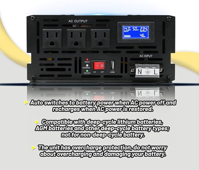 Miumoon 2000W Primary Sump Pump Backup System, Basment Protection Backup Inverter, Black, LCD Display, Auto Switches for Continuous Sump Pump Operation, Basement Emergency and Power Outage Backup