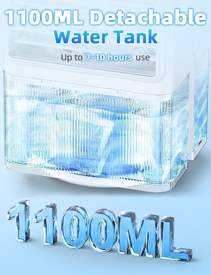 Small Air Conditioner w/ 3 Speeds&3 Modes, Remote, 1100ML Tank Humidifier, 8-Cube Ice Tray, 120° Oscillating, 4 IN 1 Portable Air Conditioners, 7-Color Light, 4H Timer Desk AC Unit for Bedroom