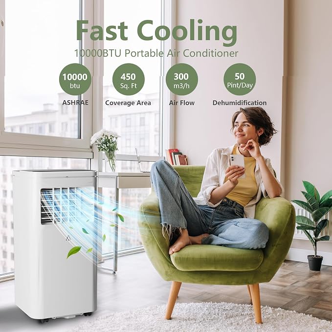 10000 BTU Portable Air Conditioner, Cools Rooms up to 450 Sq.Ft. for Bedroom, 3-in-1 AC Unit with Dehumidifier & Fan Modes, LED Display, Remote Control & Window Kit for Home, Office, Apartment