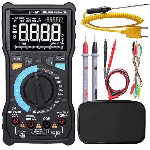 Auto Ranging Digital Multimeter TRMS 6000 with Battery Alligator Clips Test Leads AC/DC Voltage/Account,Voltage Alert, Amp/Ohm/Volt Multi Tester/Diode (ZT-M1)