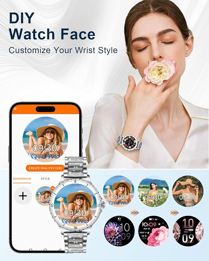 Smart Watches for Women, 1.27" HD Smartwatch with Diamond Strap Compatible Android/iOS, Answer/Make Call, IP68 Waterproof Fitness Tracker with Heart Rate, Sleep Monitor, 120+ Sports, Silver