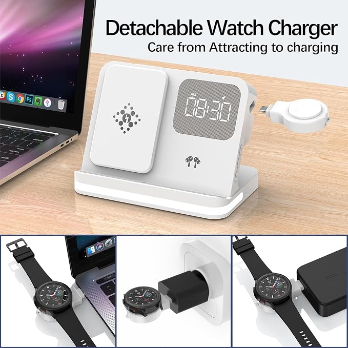 IHAO 3in1 Multi Functional Wireless Charging Station with Digital Alarm Clock 15W Fast Charge Night Light Wireless Charger for All Qi Phone and Earbud Headphone Compliant with i-Watch-B22 White