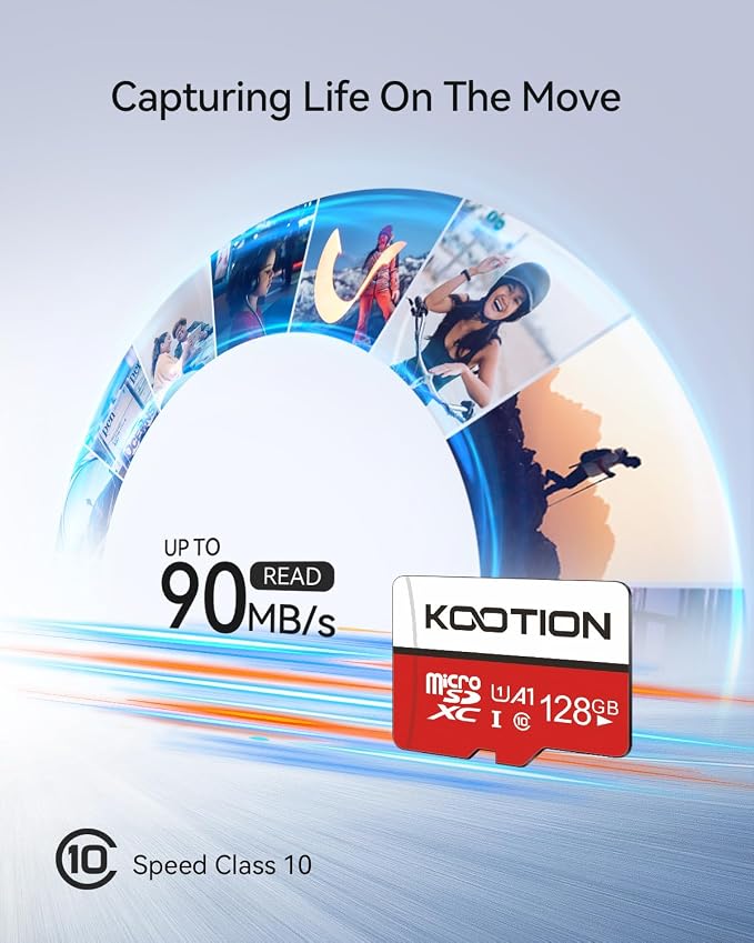 KOOTION 128GB MicroSDXC Memory Card, Class 10 Micro SD Card, U1, C10, High-Speed TF Flash Memory Card with Adapter