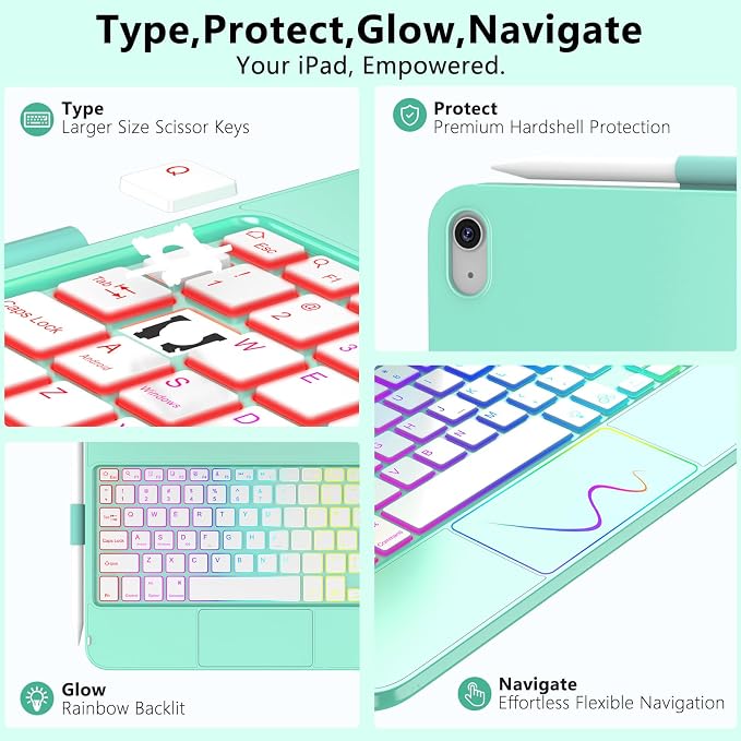 HOTLIFE for iPad A16 11th Generation/10th Generation Case with Keyboard,Touch Keyboard for iPad 11" /10th Gen 10.9 inch 2022-10 Color Backlight, 360° Rotatable Protective Cover (Lake Blue)