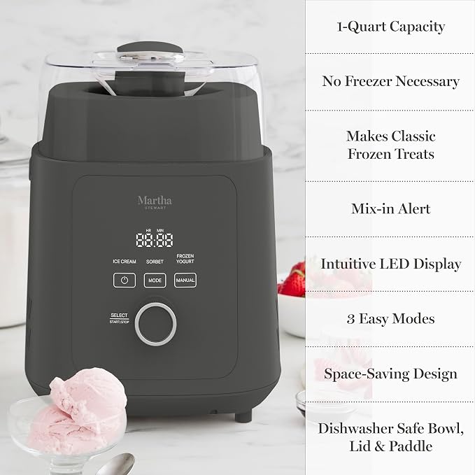 Martha Stewart 1 Quart Ice Cream Maker, Built-In Compressor, No Pre-Freezing Required, 3 Modes (Ice Cream, Sorbet, Frozen Yogurt), Automatic Mix-In Alert, Dishwasher-Safe Parts, Caviar Gray