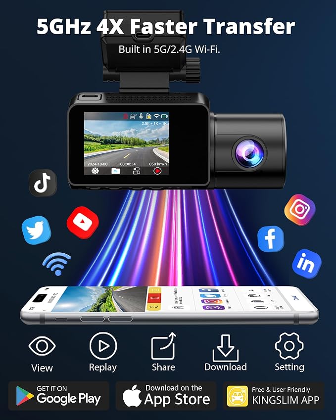 3 Channel Dash Cam Front and Rear Inside - 2.5K Car Dash Camera with 64GB Card, 5GHz WiFi Wireless Dashcam for Cars, APP Control, Super Night Vision, HDR, G-Sensor