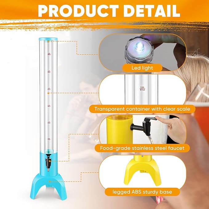 Baderke 4 Pcs Drink Tower Mimosa Tower Dispenser with Ice Tube Tabletop Beer Dispensers Liquor Juice Margarita Tower Beverage Dispensers for Home Bar Party(Bright Color, 3 L)