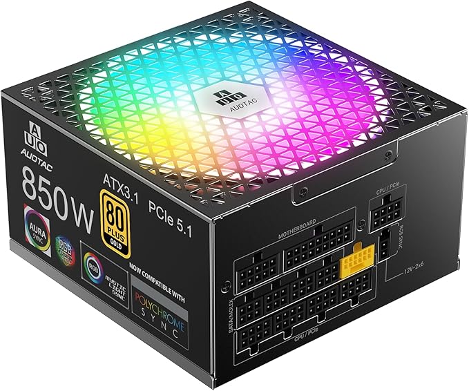 850W Fully Modular Power Supply, 80+ Gold Certified PSU, ATX 3.1 & PCIe 5.1 Ready, 12V-2x6 Native Connector, 140mm RGB Low-Noise Smart Fan, 105℃ Japanese Capacitors, Black