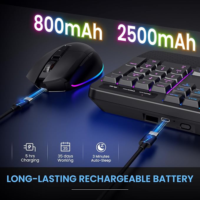 COLIKES Ergonomic Wireless Keyboard and Mouse Silent, Rechargeable Wave Keyboard with 15 Lighting RGB Backlit Effects, Soft Leather Wrist Rest, 3200 DPI Mouse for PC Computer Laptop Windows Mac