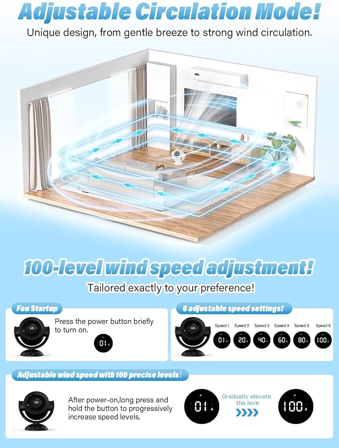 Desk Fans for Bedroom,Air Circulator Fan，90°Vertical +120°Auto Oscillating, 100 Speeds, 10H Timer, Quiet Fan, Digital Display Rechargeable USB, with Remote,for Home, Office（Beige）