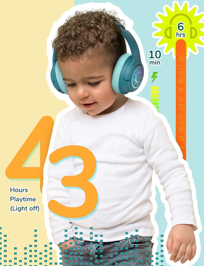 iClever Kids Bluetooth Headphones with LED Lights, BTH18 Safe Volume 74/85dBA, 43H Playtime, Bluetooth5.3 Kids Headphones Wireless Aux Cord for iPad/Tablet/Travel/School, Green