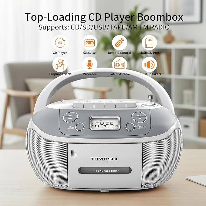 TOMASHI Portable CD Player Boombox with Cassette Player - AM FM Radio,Tape/CD Recording, USB/SD Inputs,Retro Stereo Sound,Dual AC/DC Power,Remote & Backlit LCD - for Home, Camping,Gifts (CD-860A)