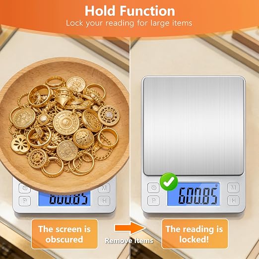 BOMATA 0.01g High Precision Jewelry Scale, 1000g Digital Gram Scale with Hold, Tare & Counting Function, Small & Portable Design for Gold, Bullion, Coins, Gemstones & Crafts, Sliver