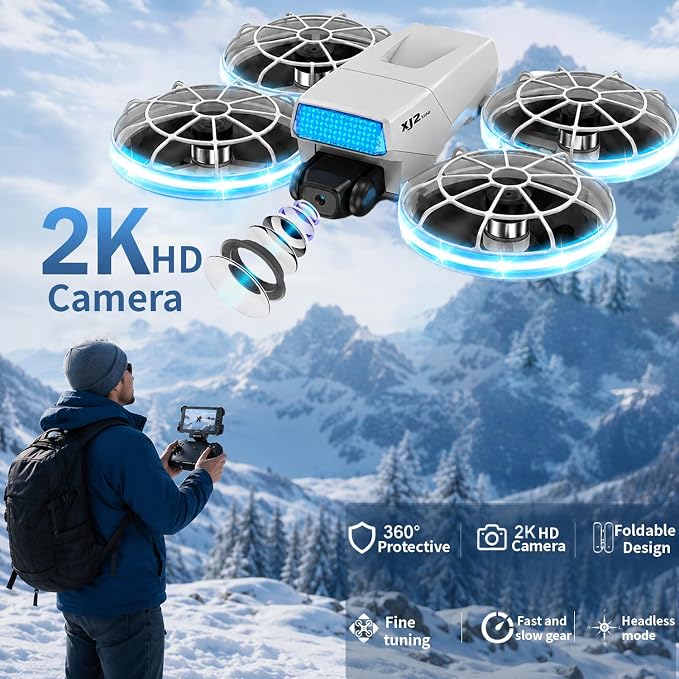 HD Camera Drone with Foldable Remote Controller Featuring Built-in Display and Detachable Lanyard, Portable Foldable Body Weighing Under 250g, Propeller Guards, RC Quadcopter with 360-Degree Flip, One-Key Takeoff/Landing, Ideal Gift for Beginners and A...