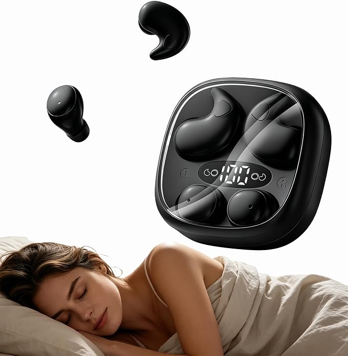 Flat Sleep Earbuds for Side Sleepers, Invisible Mini Earbuds for Small Ear Canals, Bluetooth 5.4, 66H Battery, Noise Blocking, Waterproof, LED Display for Sleep, Work & Travel(Black)