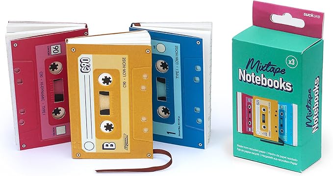 Suck UK Music Notebook - Cassette Tape Notebooks - Mix Tape Book - Retro Themed Gifts - Music Stationery - 80s Retro Gift - Pocket Size Notepad - Mini Tape Record - Multi Colour Mini Notebooks 3 Pack