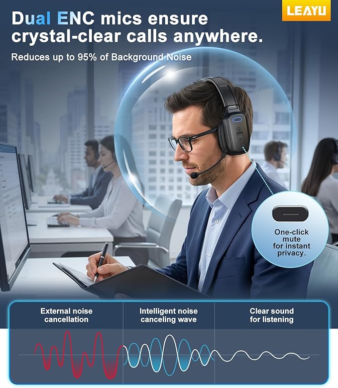 Bluetooth Headset, 60hrs AI Noise Canceling V5.2 Over Head Headphones, Single Ear Trucker Wireless Headset with Mic, Mute Button, Multipoint, for Phones PC Computer Truck Driver Office Work - Black